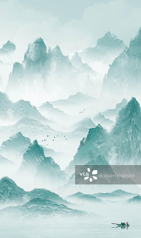 竖版蓝色山水画图片素材