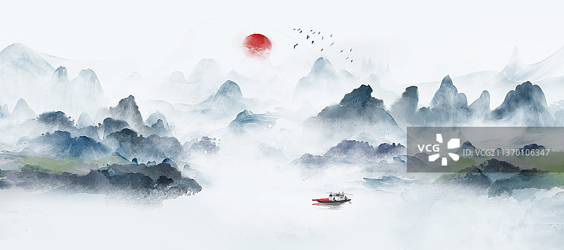 蓝色意境山水画图片素材