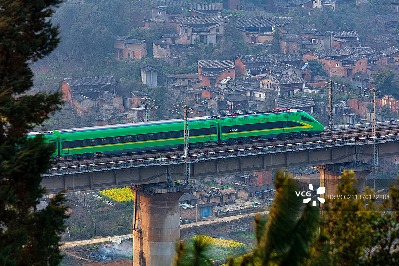 中老铁路云南省玉溪市刺桐关段绿皮高铁火车图片素材