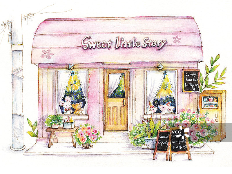 水彩手绘白色背景小商铺系列粉色小房子图片素材