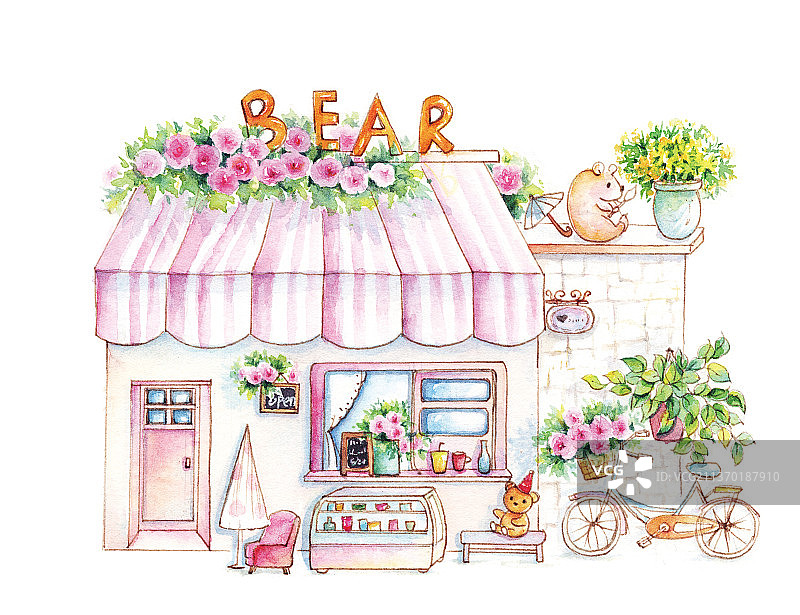 水彩手绘白色背景小商铺系列可爱熊字店铺旅馆图片素材