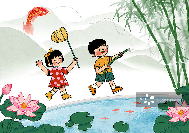 两个儿童在池塘钓鱼图片素材