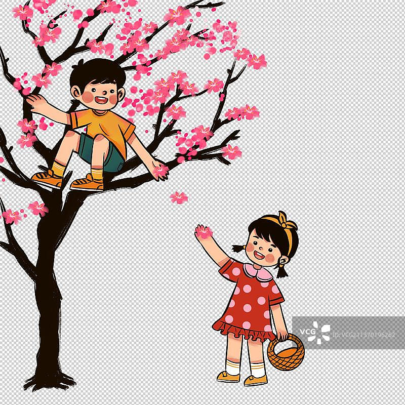可爱小男孩和小女孩在桃花树采花游玩图片素材