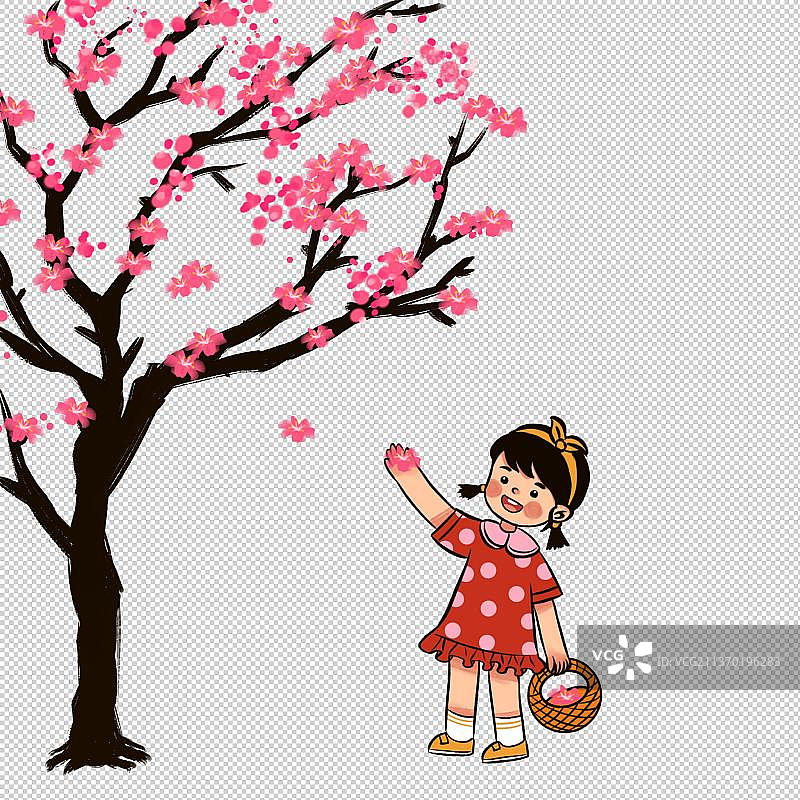 可爱的小女孩在桃花树下采花图片素材