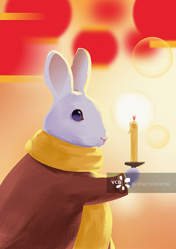 2023年兔年新年新春春节过年节日兔子夜晚祈福蜡烛创意插画图片素材
