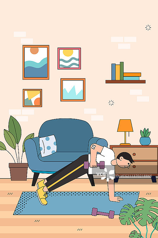 在家锻炼健身的男人矢量插画图片素材