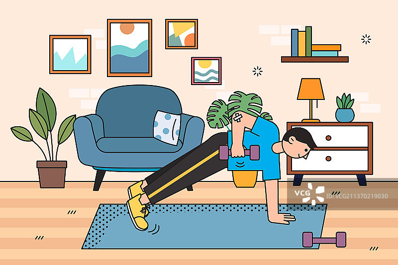 在家锻炼健身的男人矢量插画图片素材