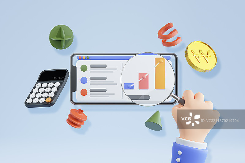 移动服务上的3D渲染手势，数据分析放大镜图片素材