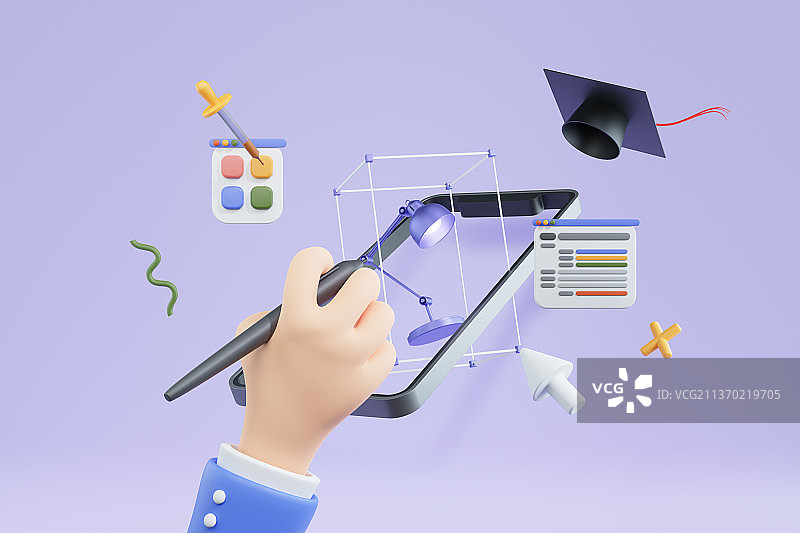 移动服务上的3D渲染手部动作，使用平板电脑和数位笔参加在线课程图片素材