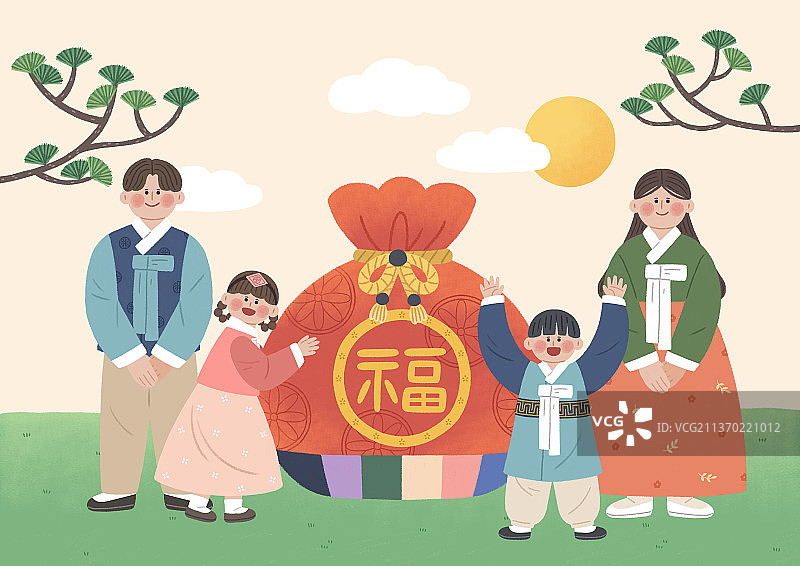 穿着韩服的家庭与吉祥袋，韩国新年祝福插画图片素材
