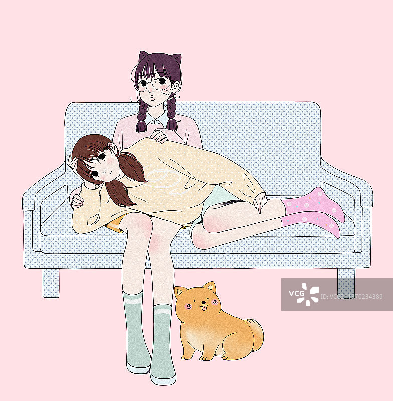 描线插画两个可爱的女孩图片素材