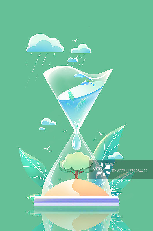 绿色创意卡通低碳环保插画，植树造林，生态循环，争分夺秒图片素材