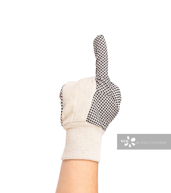 戴手套的手伸出一根手指，在白色背景下手势的局部图，摩尔多瓦图片素材