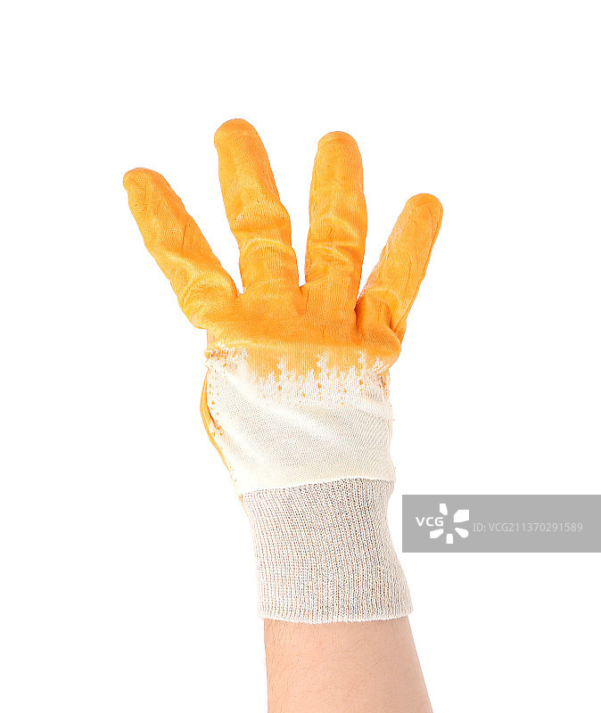 戴手套的手展示四个手指，在白色背景前，摩尔多瓦图片素材