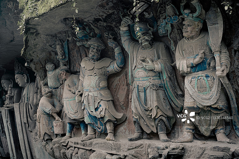 重庆世界文化遗产大足石刻的千手观音和佛像石刻和大佛图片素材