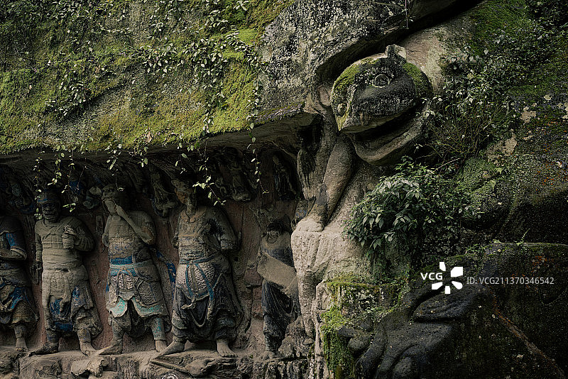 重庆世界文化遗产大足石刻的千手观音和佛像石刻和大佛图片素材