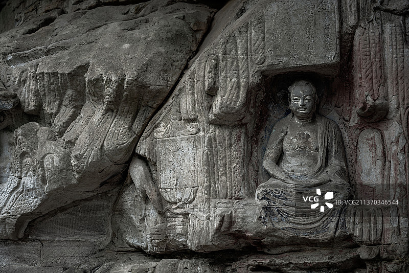 重庆世界文化遗产大足石刻的千手观音和佛像石刻和大佛图片素材
