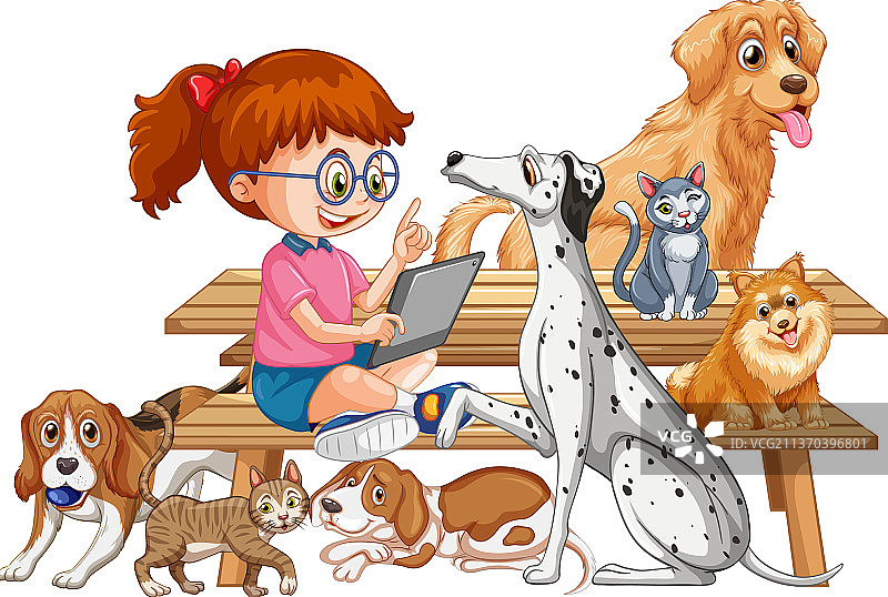 卡通风格的女孩和她的可爱小狗图片素材