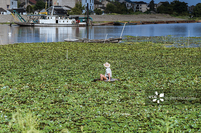 上虞皂李湖上一位坐在水盆里的男人图片素材