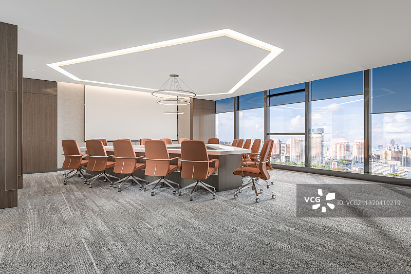 写字楼内部现代办公室会议室与城市全景窗户图片素材