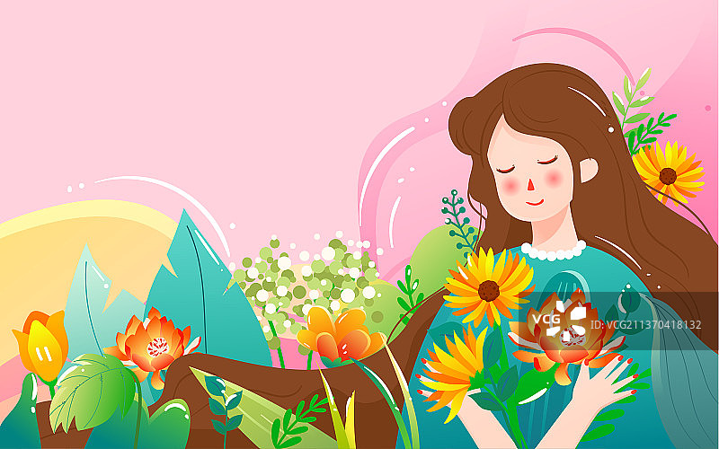 三八妇女节女生手捧鲜花插画春姑娘人物海报图片素材