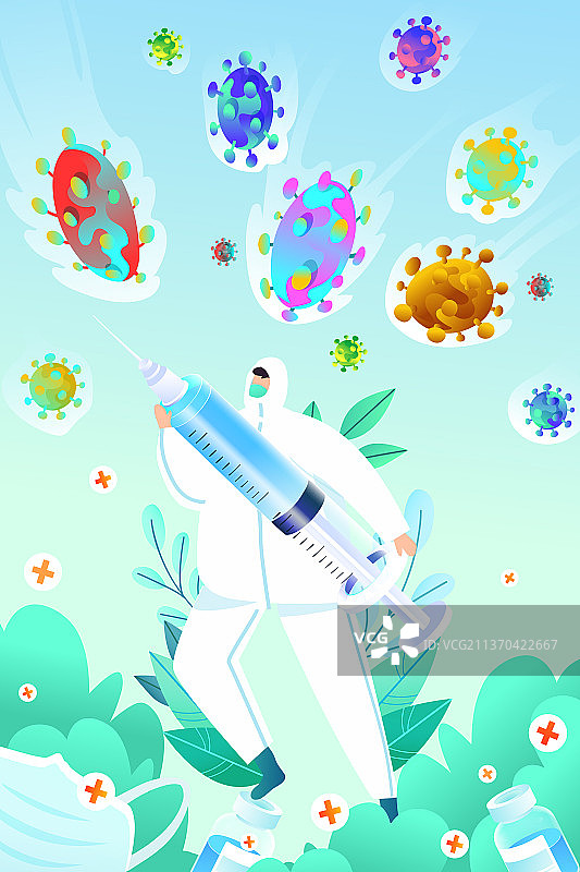 卡通预防疾病感冒发烧生病发热门诊细菌口罩防护抗病毒疫情打疫苗核酸检测报告医疗健康科技概念渐变矢量插画图片素材