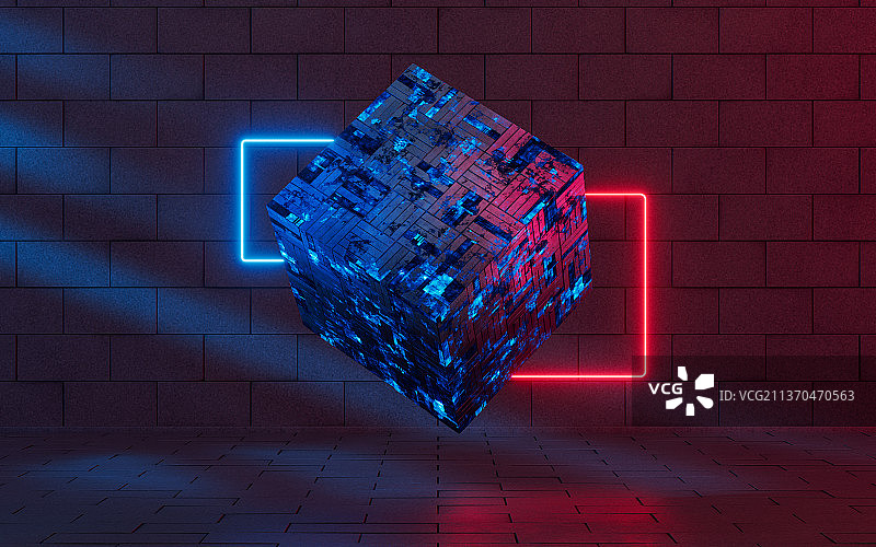方块材料与霓虹背景3D渲染图片素材