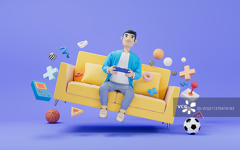 沙发上玩游戏的卡通男子3D渲染图片素材