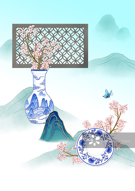 国风青花瓷花窗群山图图片素材