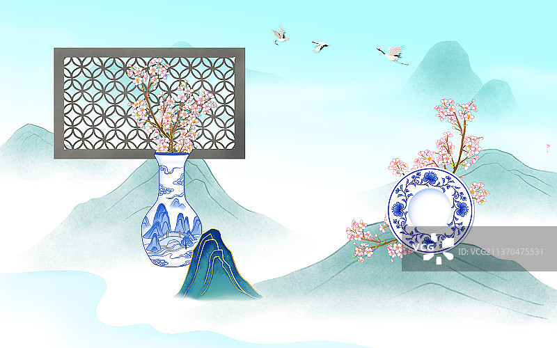 国风青花瓷花窗群山图图片素材