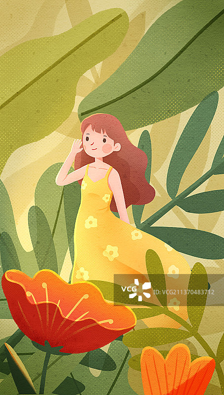 植物和花朵中的少女手绘插画图片素材