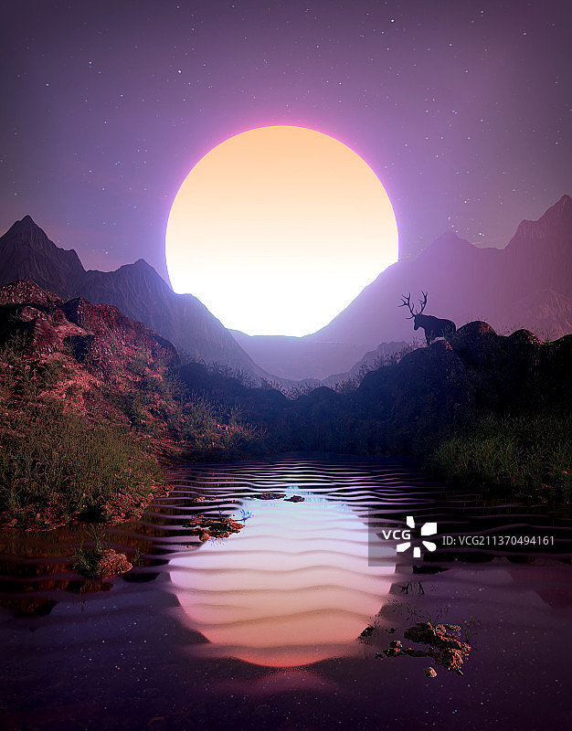 3D渲染夜间静谧的湖泊山脉自然场景图片素材