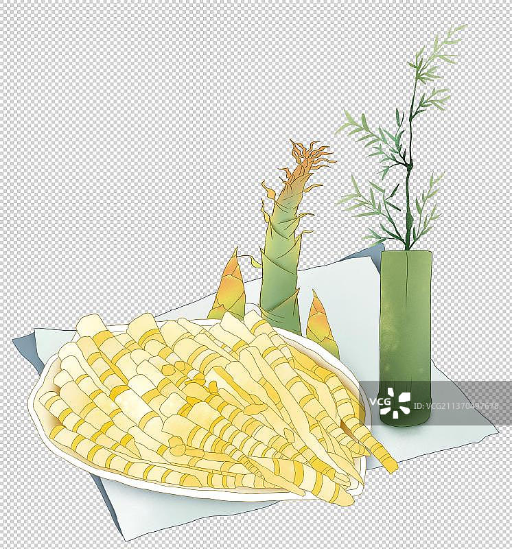 一盘春笋 插竹叶插画元素图片素材