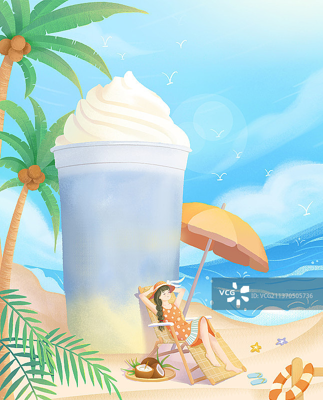 夏日海滩清新插画图片素材