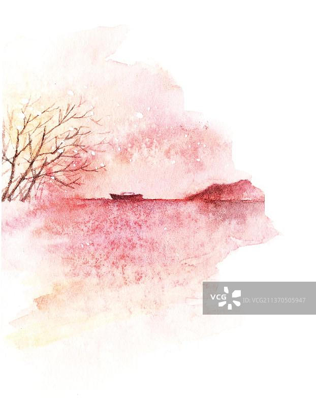 水彩手绘粉色夕阳下的湖面图片素材