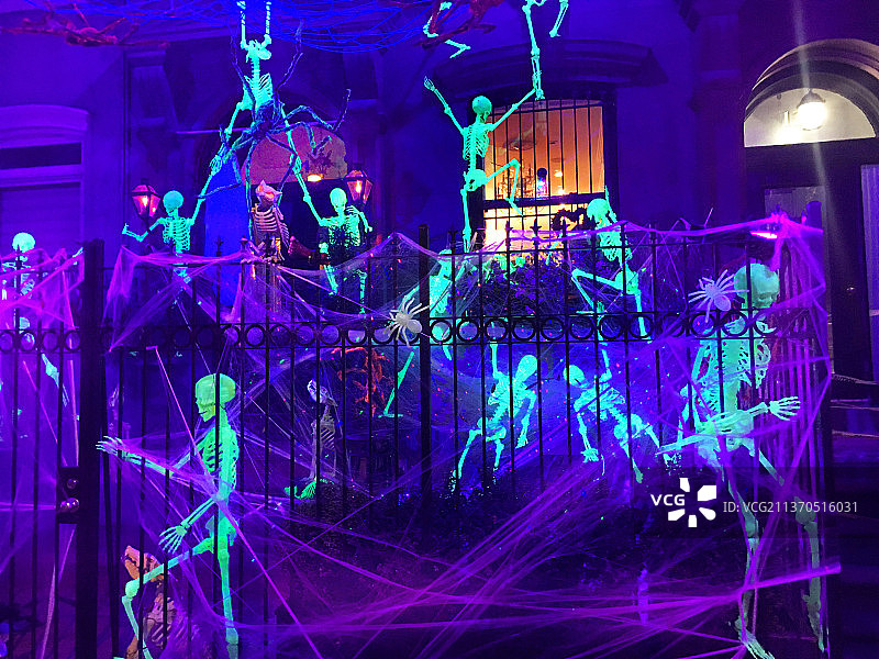 纽约市第38街棕色砂石建筑外的万圣节骷髅和蜘蛛网展示（2021年10月21日）图片素材