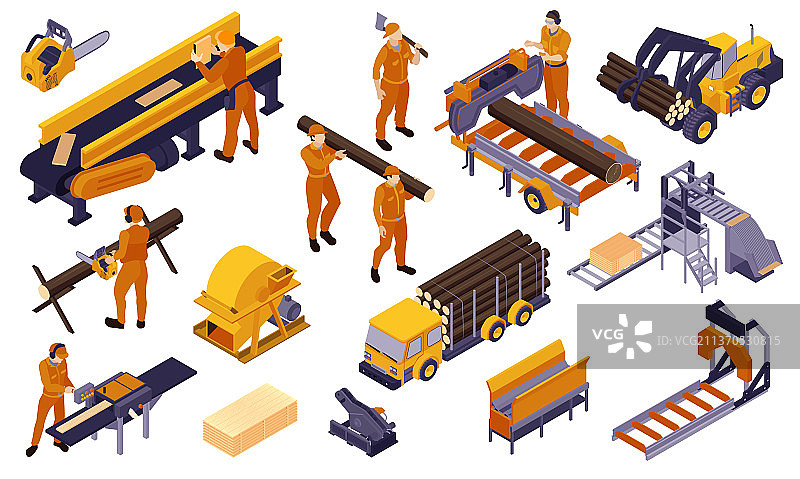 2.5D锯木厂伐木工人图标集图片素材