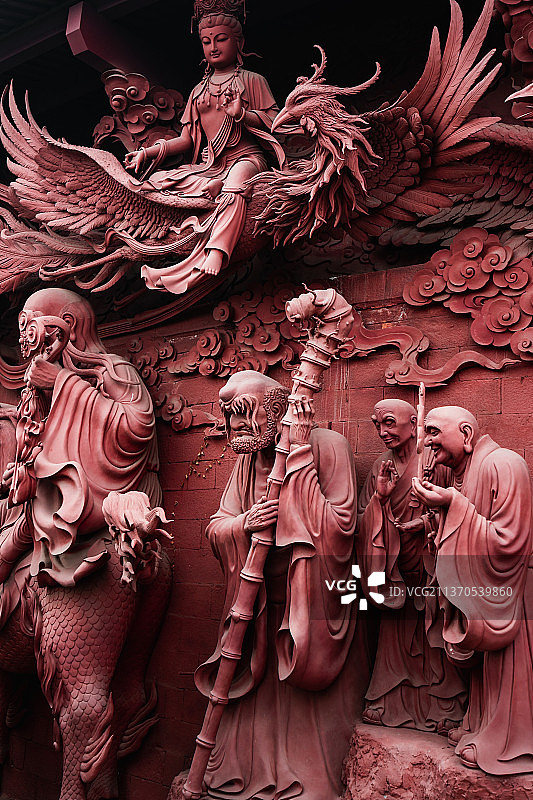 绵阳圣水寺罗汉文殊菩萨雕塑走廊局部图片素材