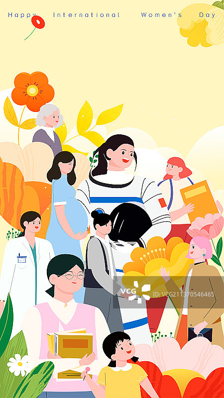 多个女性在花丛里庆祝三八妇女节矢量插画竖图背景图片素材