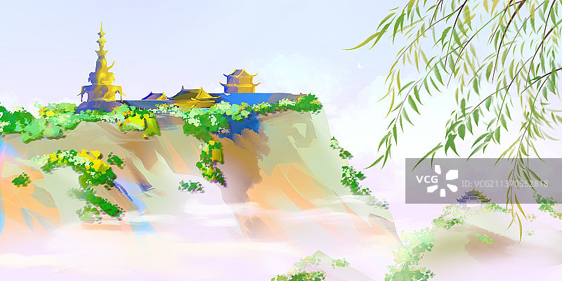 春天著名旅游景观设计风景插画峨眉山佛光金顶图片素材