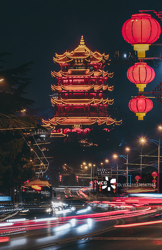 武汉黄鹤楼节日氛围红灯笼图片素材