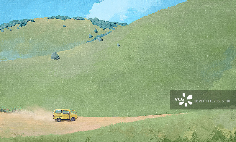 汽车驶过山下的沙土路图片素材