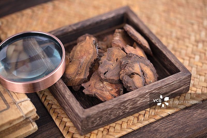 中药大黄在木盒里和一把放大镜图片素材