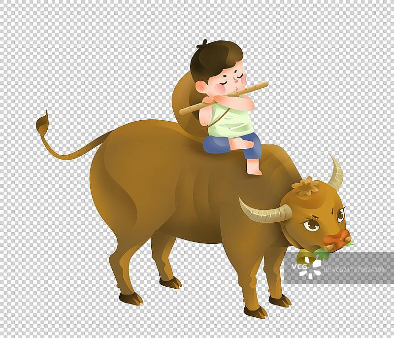牧童骑着吃草的老黄牛吹着笛子图片素材