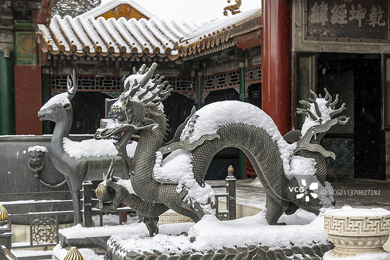 风雪中的北京故宫储秀宫前铜龙、铜鹿图片素材