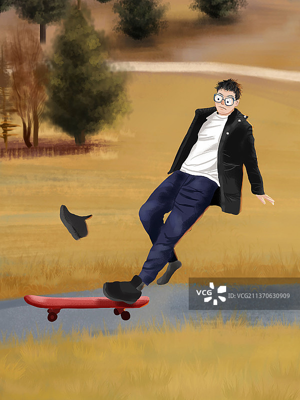 户外玩滑板的男孩摔倒图片素材