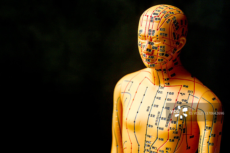 针灸穴位模型特写在黑色背景前图片素材