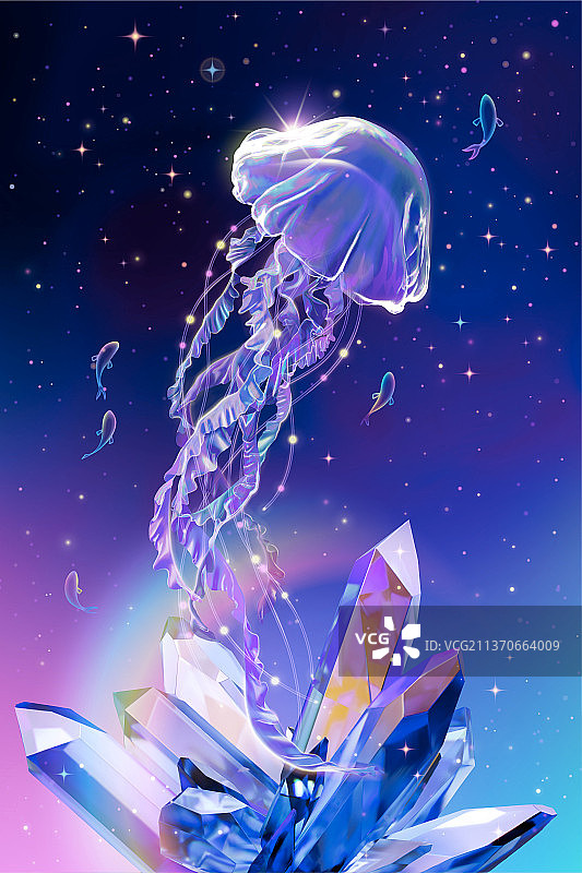 三维透明梦幻飘逸水母 星空与水晶背景图片素材