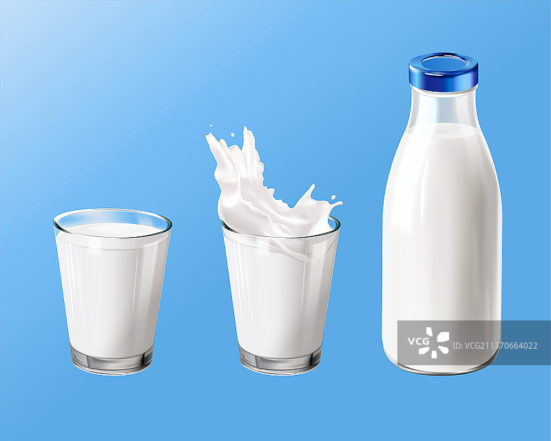 三维玻璃牛奶瓶与玻璃杯元素图片素材