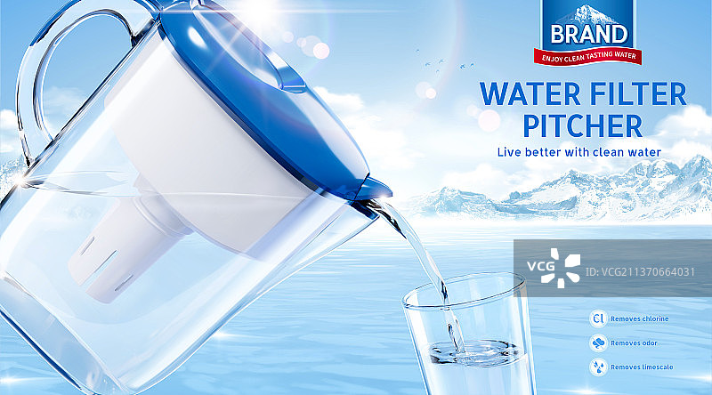 纯净滤水壶产品横幅广告 雪山湖面背景图片素材